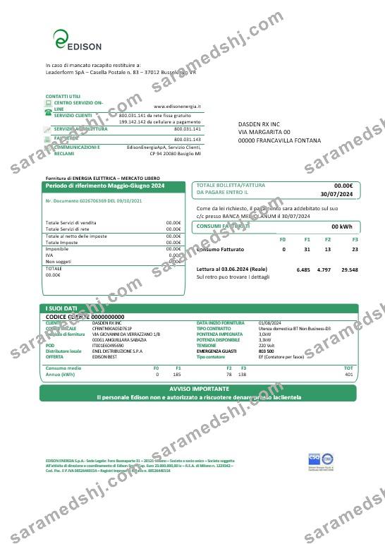 Italy Edison business utility bill template in Word and PDF formats, good for address prove